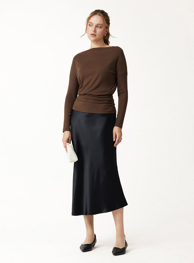 Lyocell-Wool Slash Neck Long Sleeve Ruched Banded Hem Top