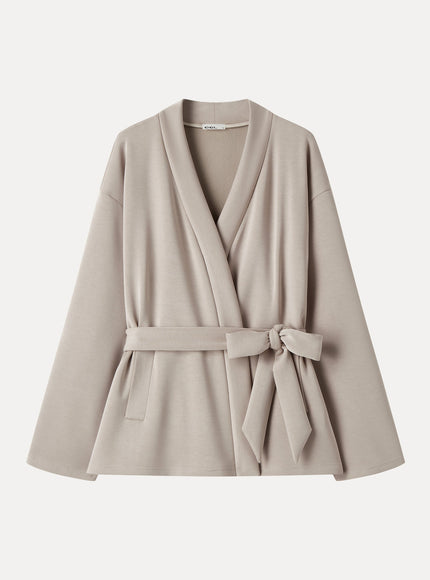 Modal Stretch Fleece Crossover Belted Wrap Cardigan Coat with Pockets