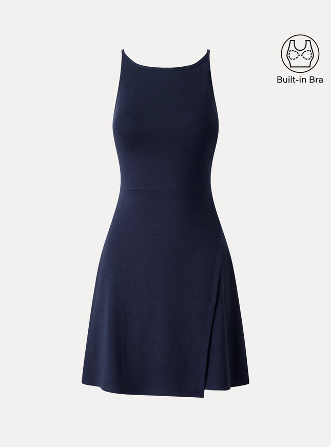 Viscose-Cotton Boatneck Sleeveless Wrap Mini Built-In Bra Dress