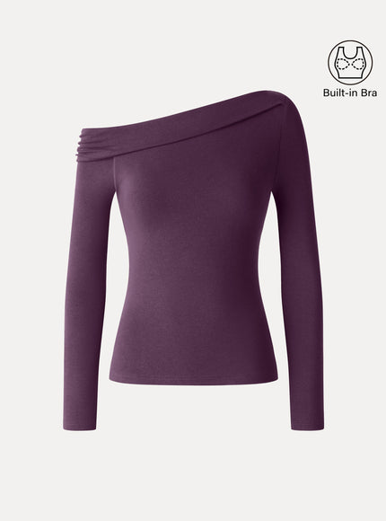 Asymmetrical Neck Long Sleeve Built-In Bra Top