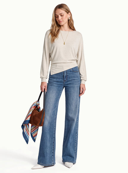 Boatneck Long Sleeve Asymmetrical Hem Top