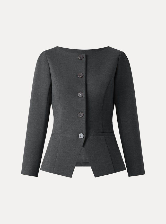Ponte Office Round Neck Long Sleeve Jacket with Pockets