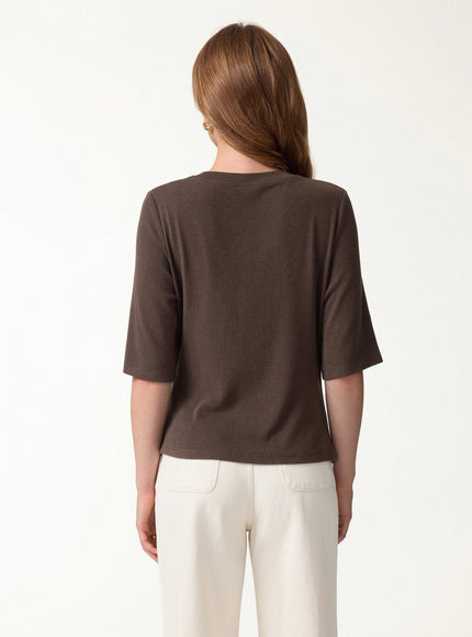 Round Neck Elbow Sleeve Side-Tuck Top