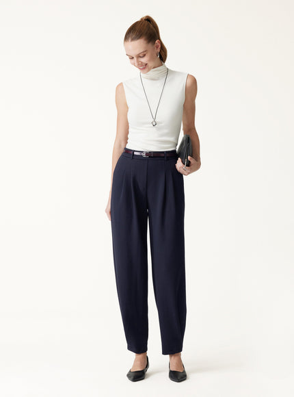 Stretch Ponte High-Rise Ankle Tapered Tuck Pants with Pockets