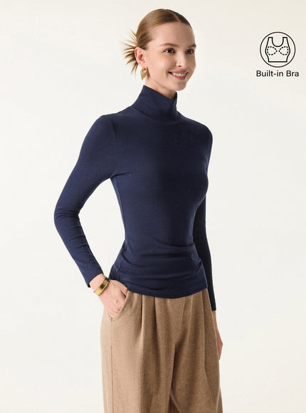 Turtleneck Long Sleeve Built-In Bra Top