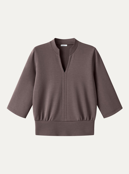Lyocell Spacer Knit V-Neck Elbow Sleeve Banded Top