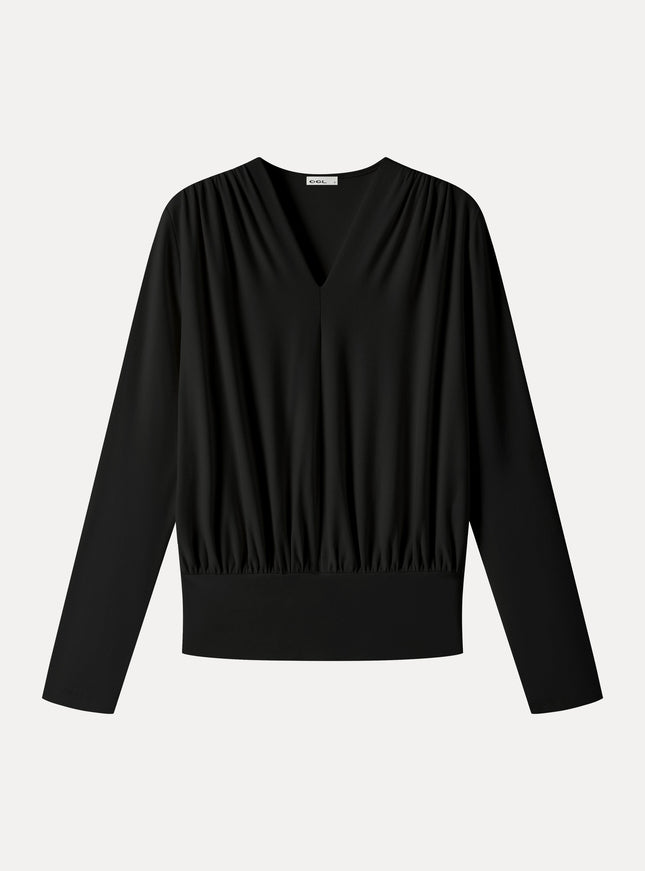V-Neck Long Sleeve Ruched Banded Hem Top