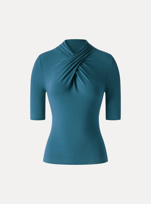 Crisscross Mock Neck Elbow Sleeve Ruched Top