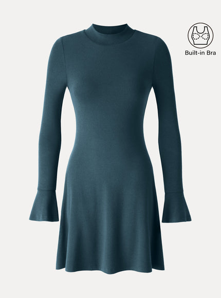 Mock Neck Flared Long Sleeve A-Line Mini Built-In Bra Dress