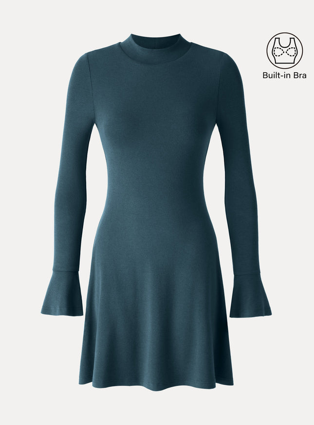 Mock Neck Flared Long Sleeve A-Line Mini Built-In Bra Dress
