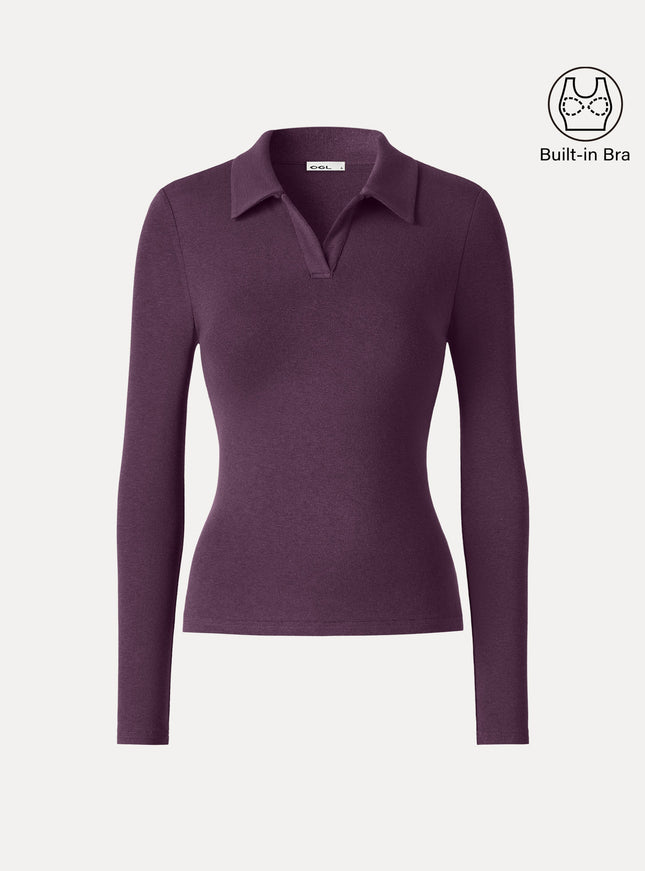 Office Staple V-Neck Lapel Long Sleeve Built-In Bra Top