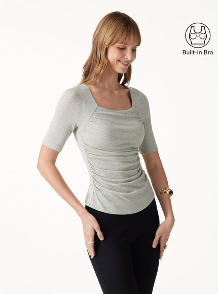 Lyocell-Wool Square Neck Elbow Sleeve Ruched Built-In Bra Top