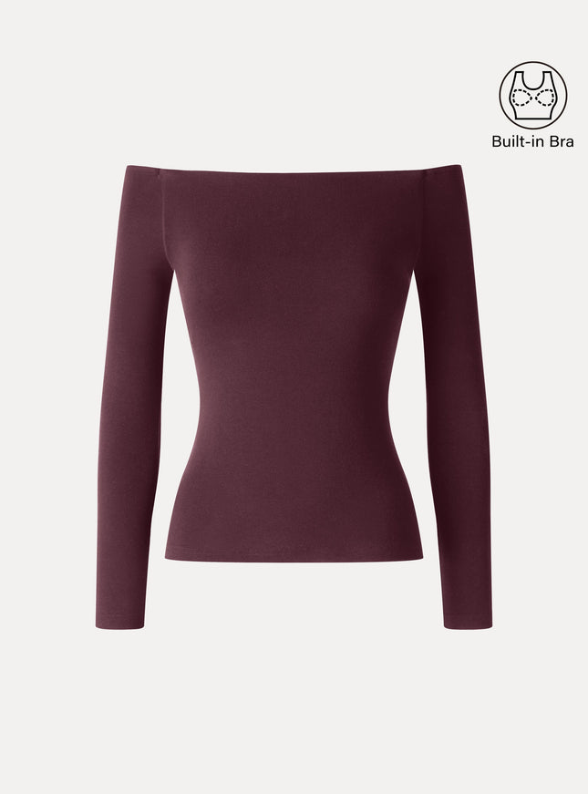 Non-Slip Off-Shoulder Long Sleeve Built-In Bra Top