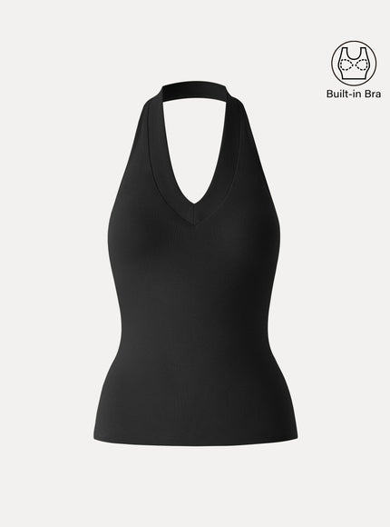 Halter Neck Open Back Built-In Bra Tank
