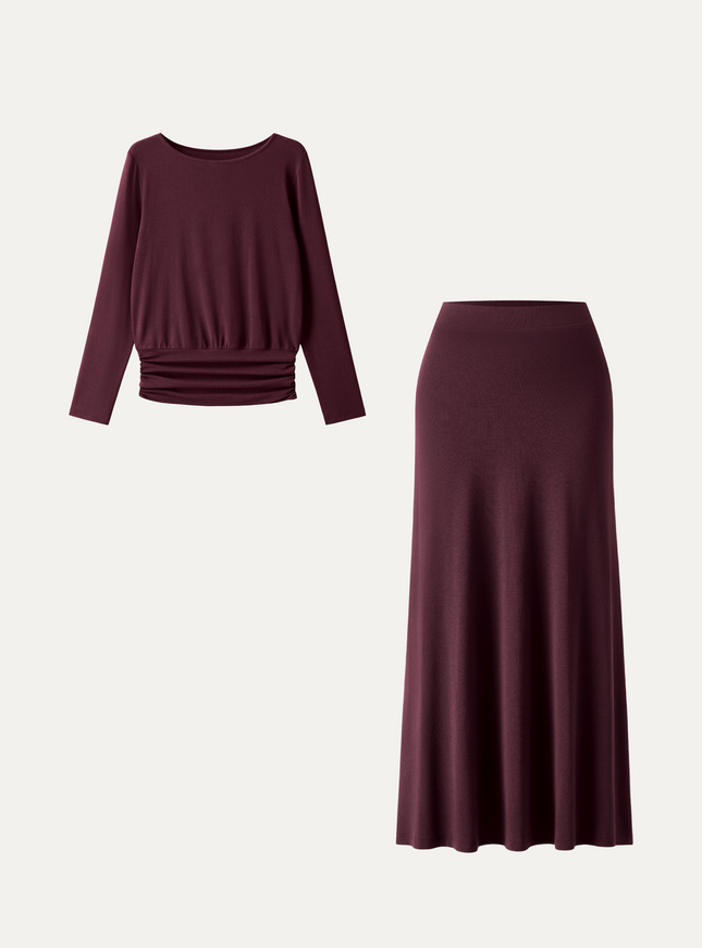 2Pcs Set Boatneck Top & High-Rise A-Line Maxi Skirt