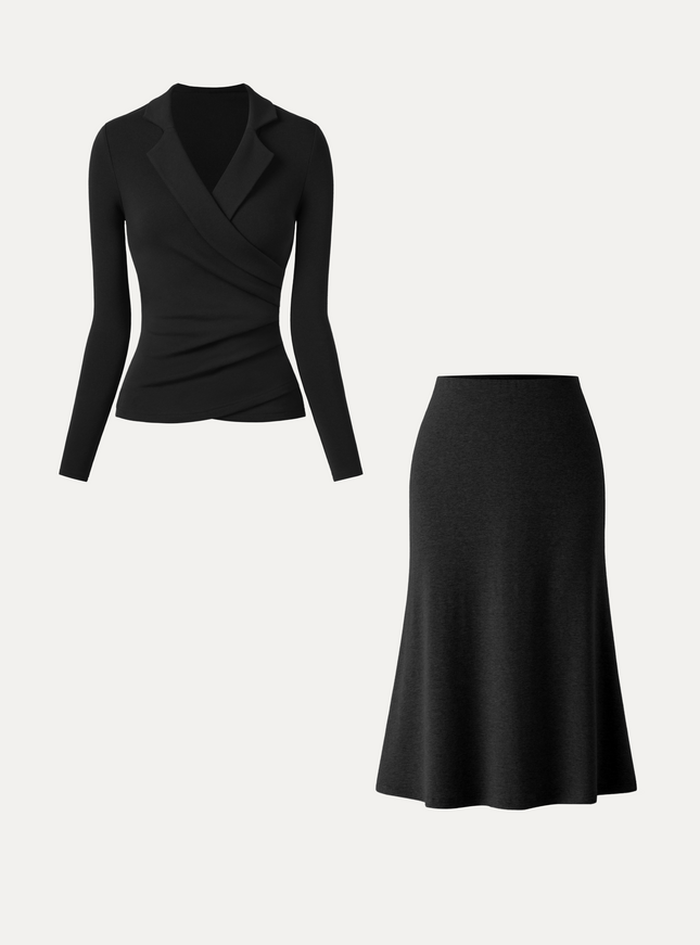 2Pcs Set Collared Surplice Top & Soft Thermal Pull-On Midi Skirt