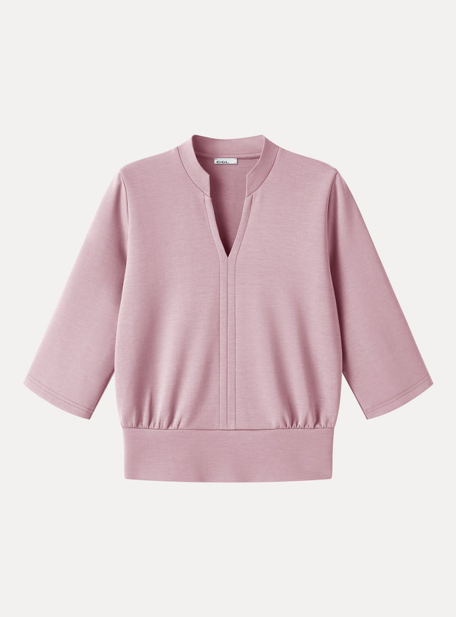 Lyocell Spacer Knit V-Neck Elbow Sleeve Banded Top