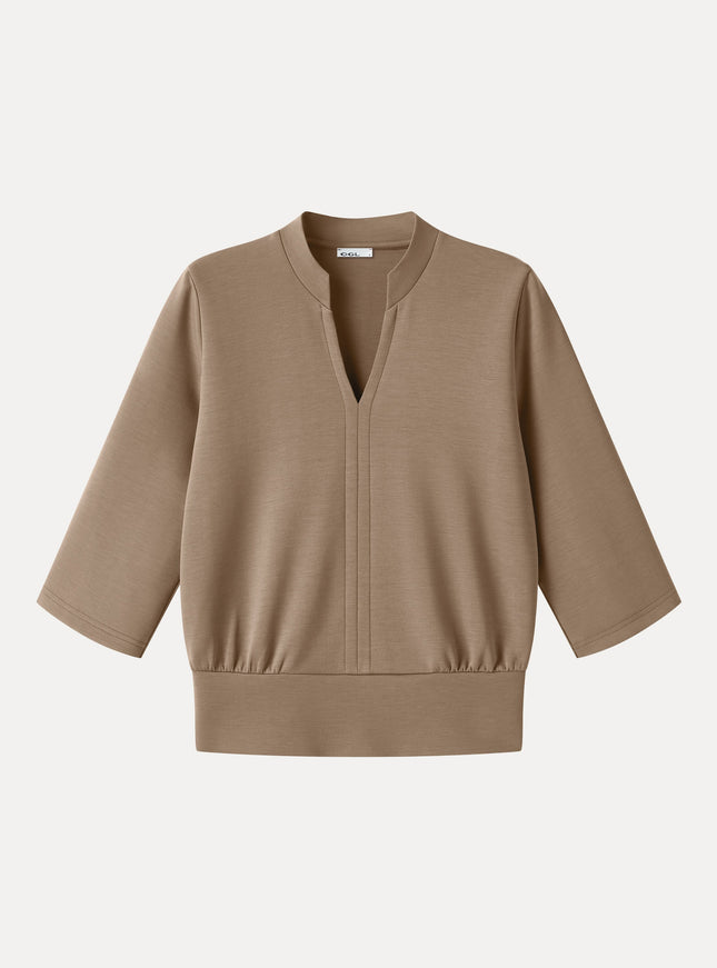 Lyocell Spacer Knit V-Neck Elbow Sleeve Banded Top