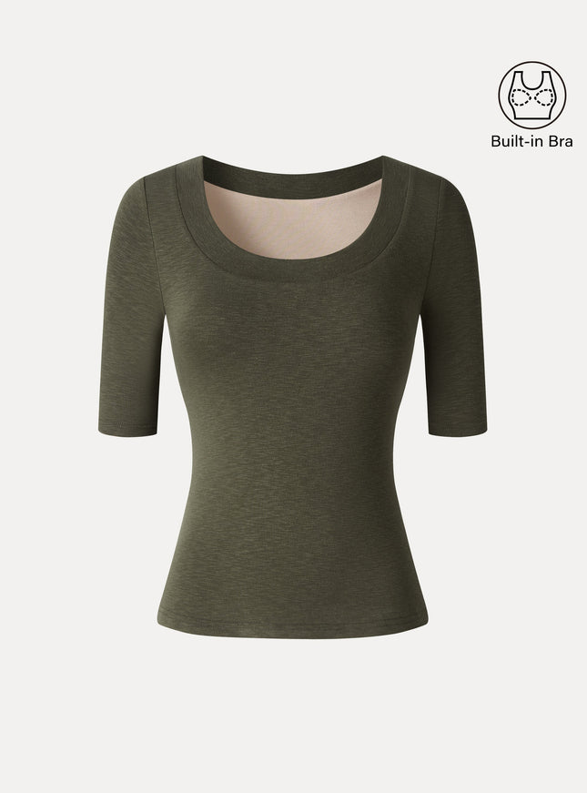 Slub U-Neck Elbow Sleeve Built-In Bra Top