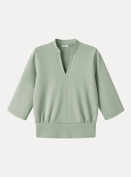 Lyocell Spacer Knit V-Neck Elbow Sleeve Banded Top