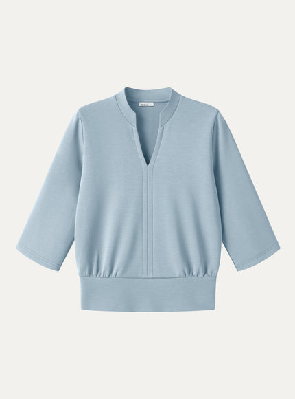 Lyocell Spacer Knit V-Neck Elbow Sleeve Banded Top