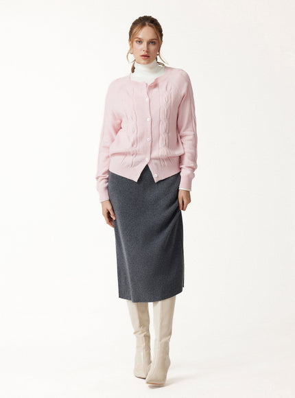 Merino-Blend Cable-Knit Crew Neck Long Sleeve Cardigan