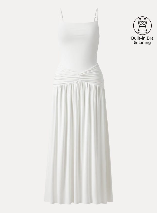 Not-See-Thru Spaghetti Gathered Maxi Built-In Bra Dress