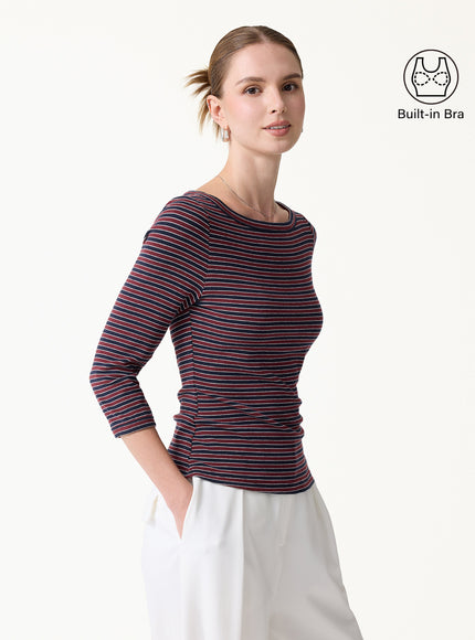 Striped Parisian Boatneck 3/4 Sleeve Built-In Bra Top