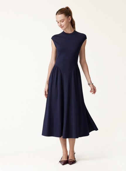 Ponte Mock Neck Ruched A-Line Midi Dress with Pockets