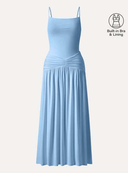 Not-See-Thru Spaghetti Gathered Maxi Built-In Bra Dress
