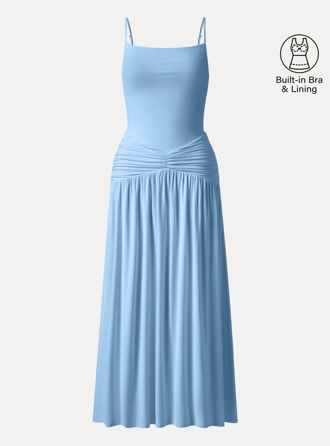 Not-See-Thru Spaghetti Gathered Maxi Built-In Bra Dress