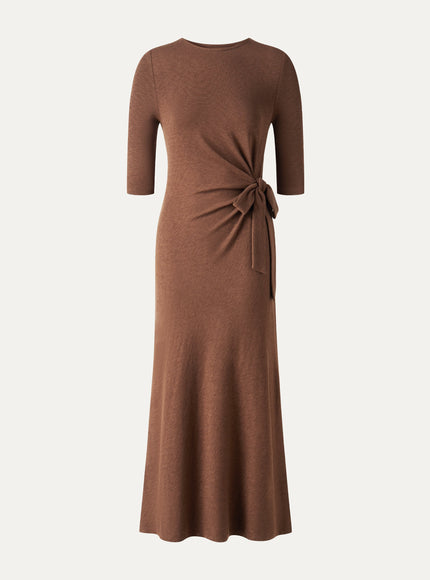 Slub Ribbed Round Neck Elbow Sleeve Tie-Waist Midi Dress