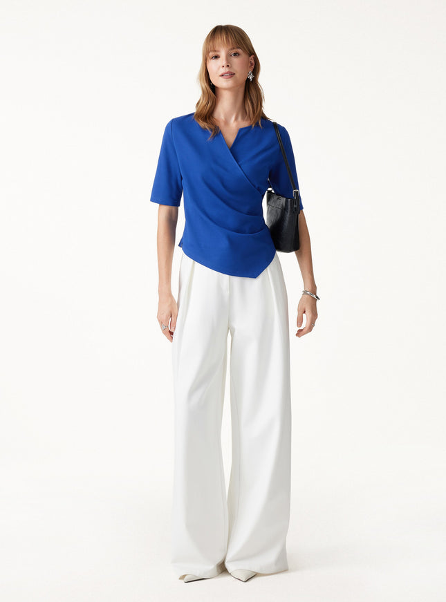 Ponte Surplice Elbow Sleeve Asymmetrical Hem Top