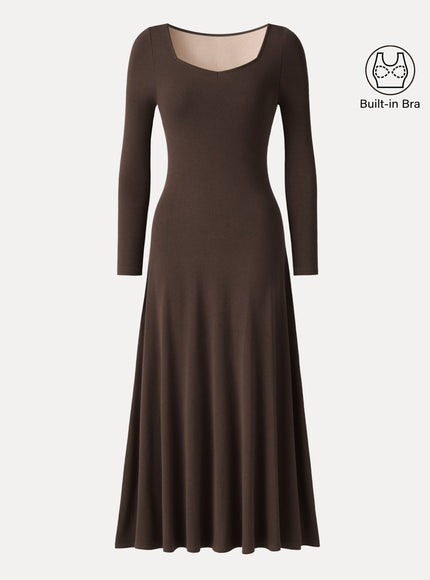 Diamond Neck Long Sleeve Drapey Maxi Built-In Bra Dress