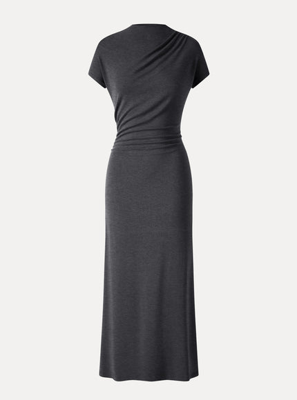 Mock Neck Cap Sleeve Ruched Midi Dress