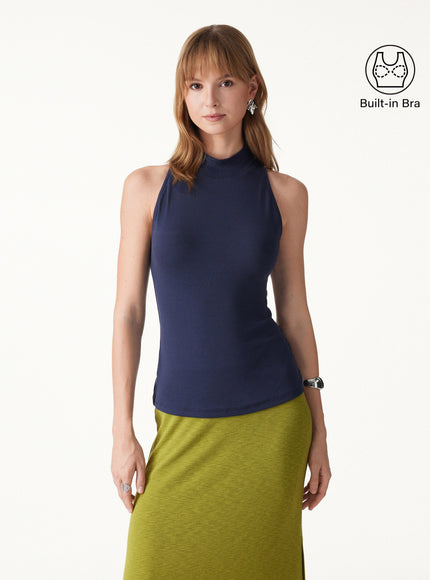 Lyocell-Wool Knit Mock Neck Built-In Bra Top