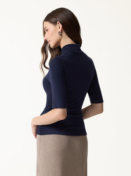 Teardrop Neck Elbow Sleeve Built-In Bra Top