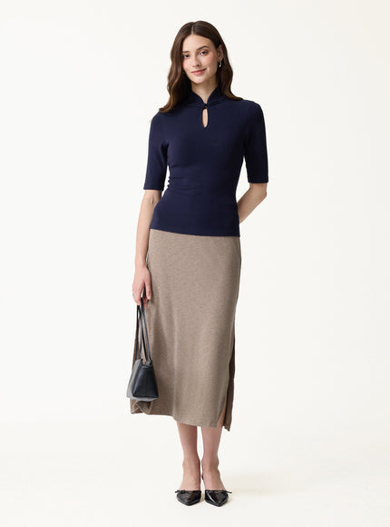 Teardrop Neck Elbow Sleeve Built-In Bra Top