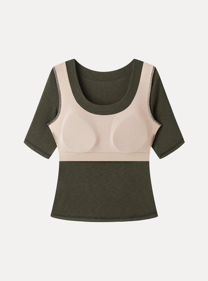 Slub U-Neck Elbow Sleeve Built-In Bra Top
