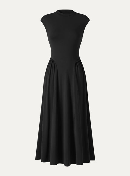 Ponte Mock Neck Ruched A-Line Midi Dress with Pockets