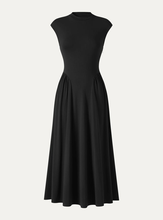 Ponte Mock Neck Ruched A-Line Midi Dress with Pockets
