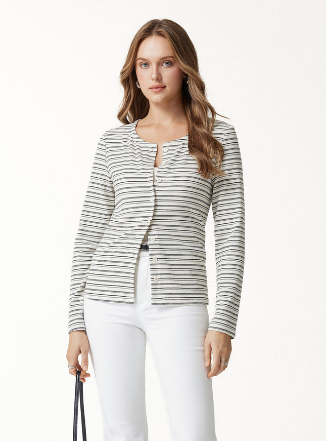 Stripe Round Neck Long Sleeve Button-Up Cardigan