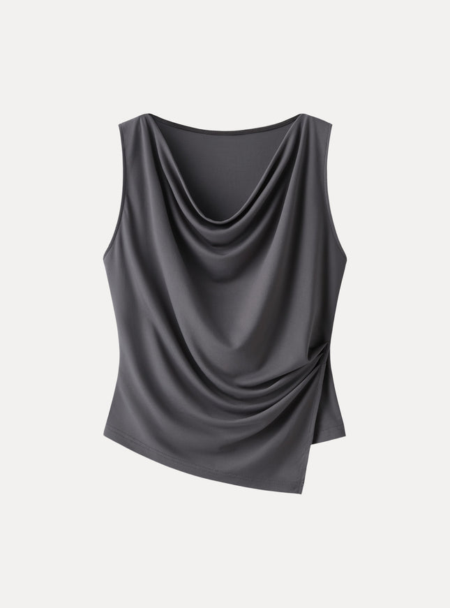 Cowl Neck Asymmetrical Tucked Sleeveless Top
