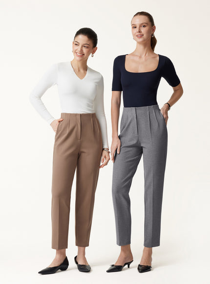 Ponte Mid-Rise Ankled Tapered Tuck Pants with Pockets