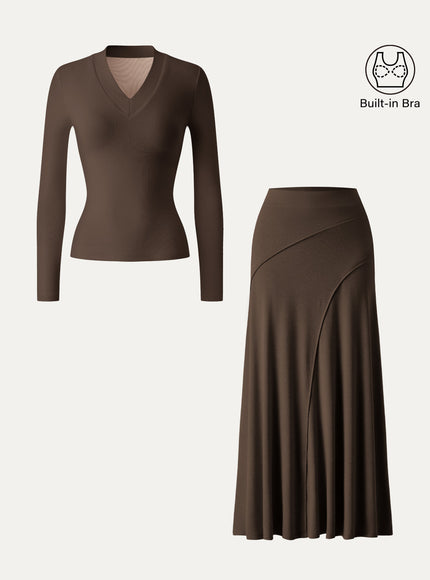 2Pcs Set V-neck Wide Binding Built-In Bra Top & Drapey A-Line Maxi Skirt