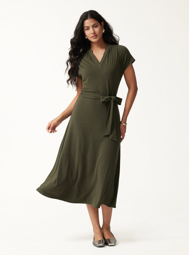 Neck Short Sleeve Belted Midi Dress