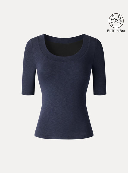 Slub U-Neck Elbow Sleeve Built-In Bra Top