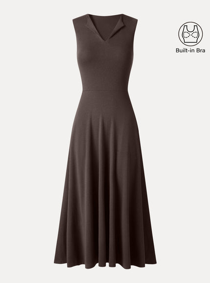 Ribbed Collared V-Neck Sleeveless A-Line Midi Built-In Bra Dress with Pockets
