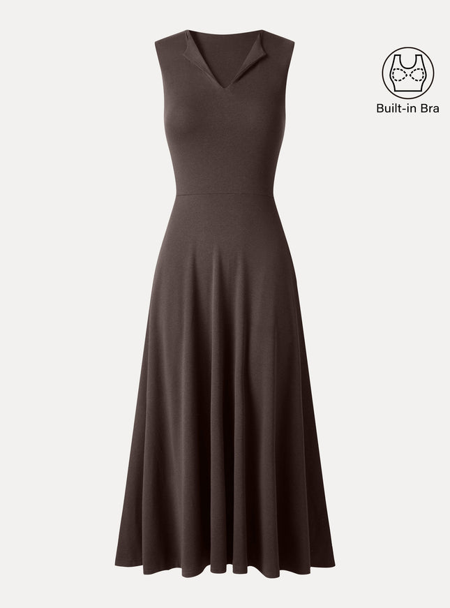 Ribbed Collared V-Neck Sleeveless A-Line Midi Built-In Bra Dress with Pockets