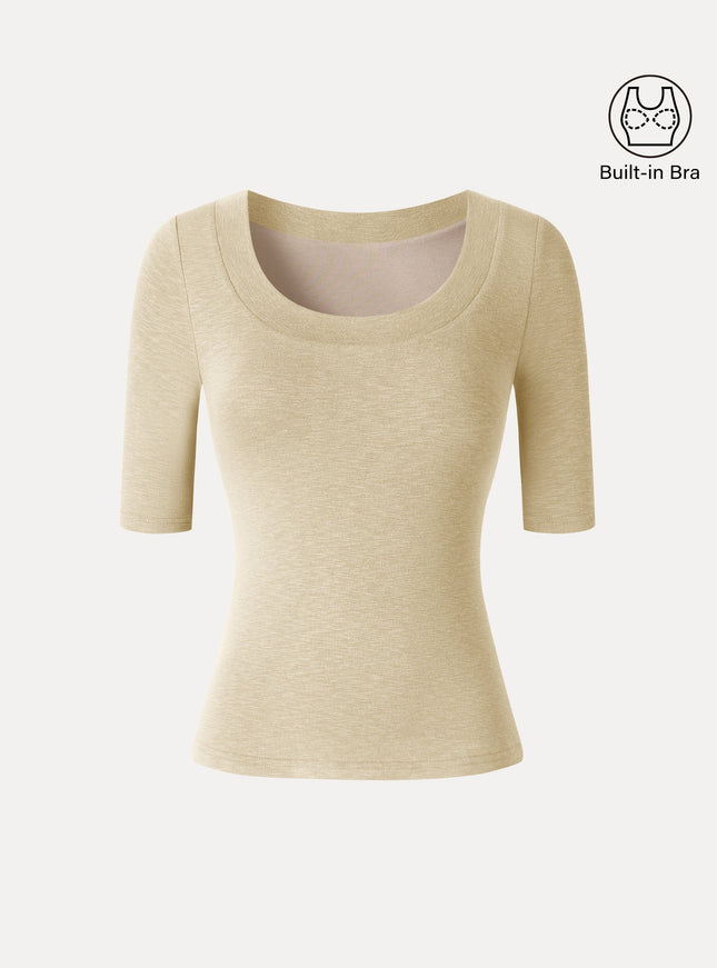 Slub U-Neck Elbow Sleeve Built-In Bra Top